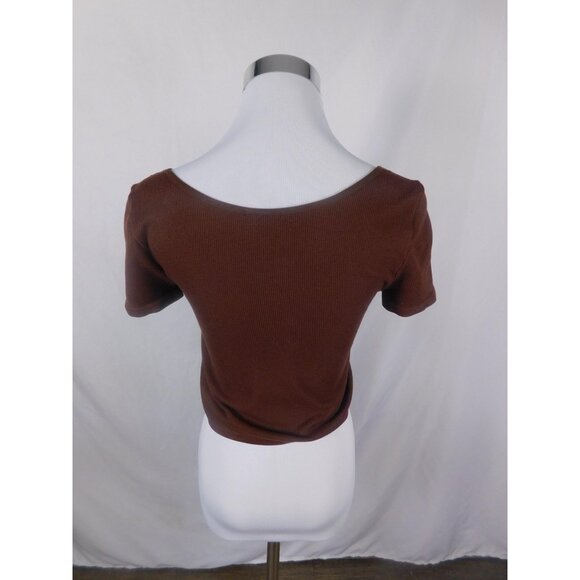 Bozzolo Brown Ribbed Crop Top Square Neck Short Sleeve M/L - Picture 5 of 10